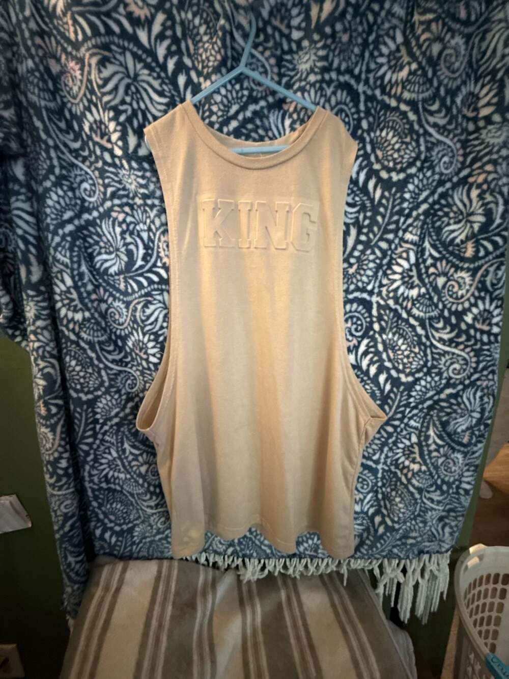 Unbranded King Embroidered Tank Top Beige Sleeveless Muscle Tee